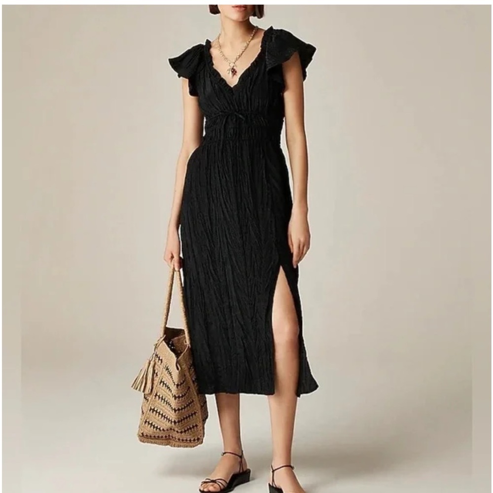 J Crew Palermo Dress black crinkle short ruffle sleeve Large Tall NWT